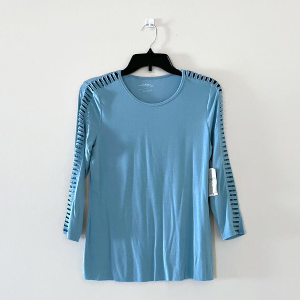 Light blue scoop neck tunic top, 3/4 sleeve blouse ✿